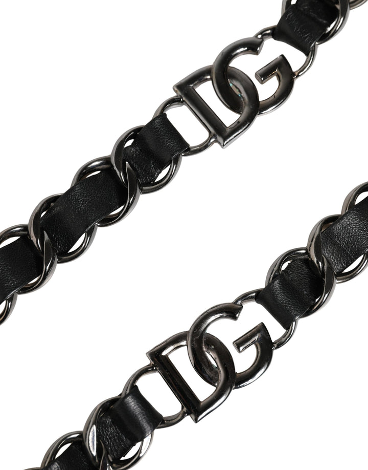 Dolce &amp; Gabbana Black Leather Silver Chain Bag Accessory Shoulder Strap