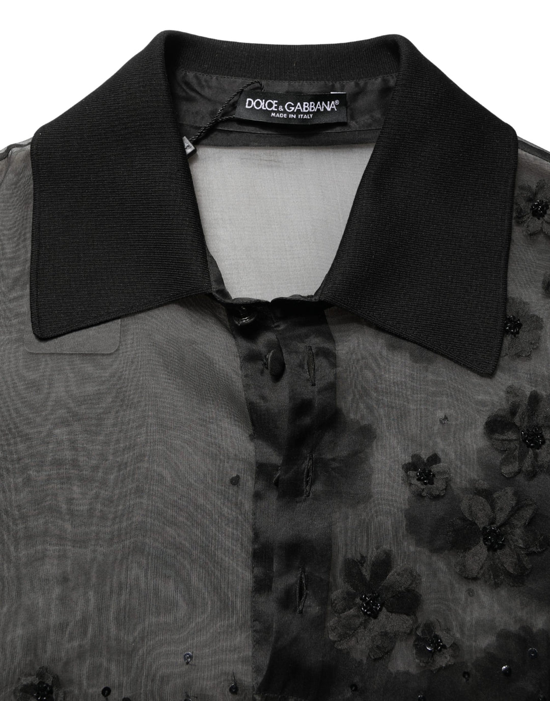 Dolce &amp; Gabbana Black Floral Applique Sheer Short Sleeve Shirt