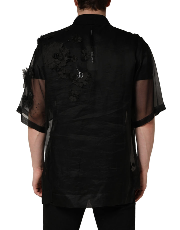 Dolce &amp; Gabbana Black Floral Applique Sheer Short Sleeve Shirt