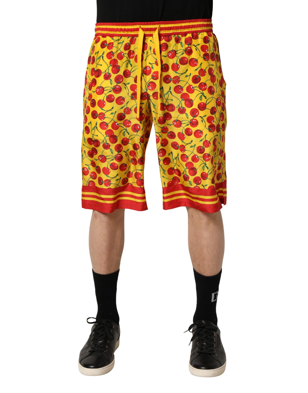 Dolce &amp; Gabbana Yellow Red Cherry Print Silk Bermuda Shorts