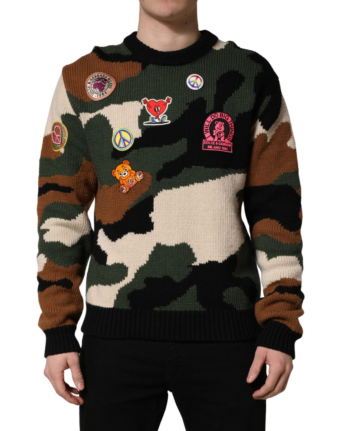 Dolce &amp; Gabbana Multicolor Intarsia Knit Camouflage Pullover Sweater