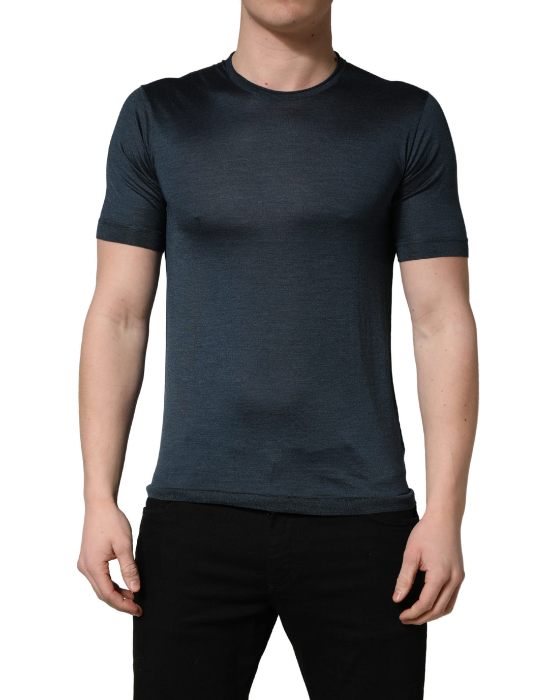 Dolce &amp; Gabbana Dark Blue Silk Crew Neck Short Sleeve T-shirt