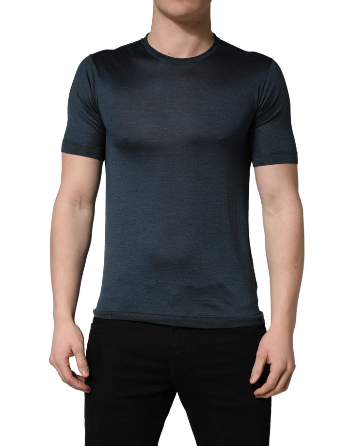 Dolce &amp; Gabbana Dark Blue Silk Crew Neck Short Sleeve T-shirt