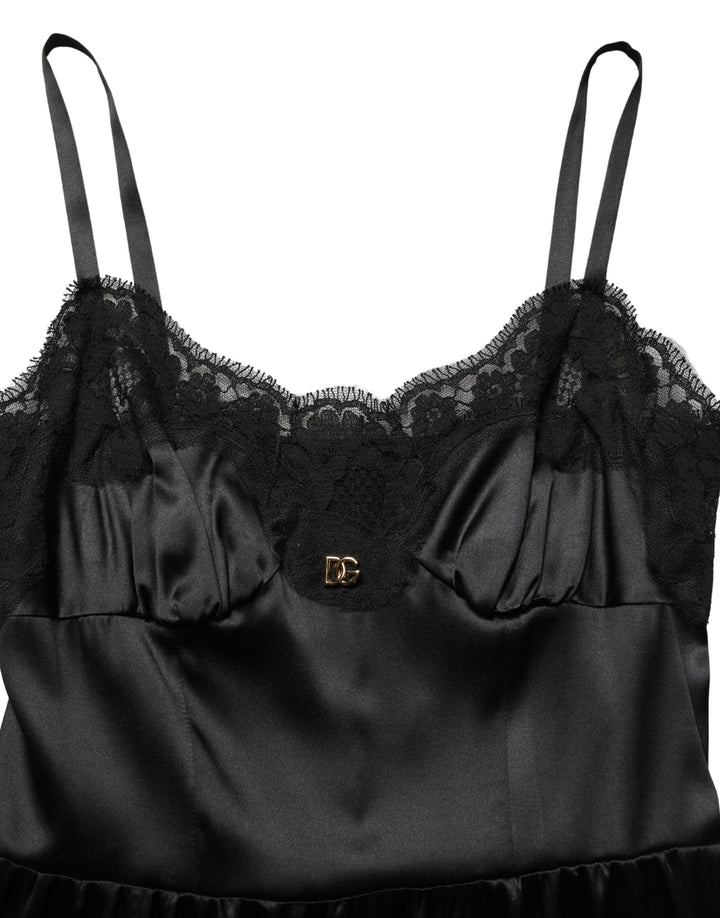 Dolce &amp; Gabbana Black Silk Satin Lace Sleeveless Mini Dress