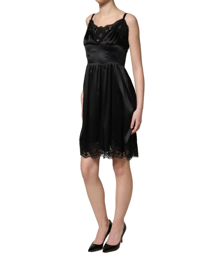 Dolce &amp; Gabbana Black Silk Satin Lace Sleeveless Mini Dress