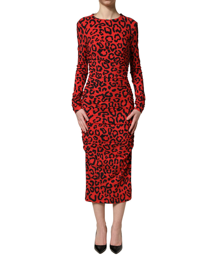 Dolce &amp; Gabbana Red Leopard Print Long Sleeves Midi Dress