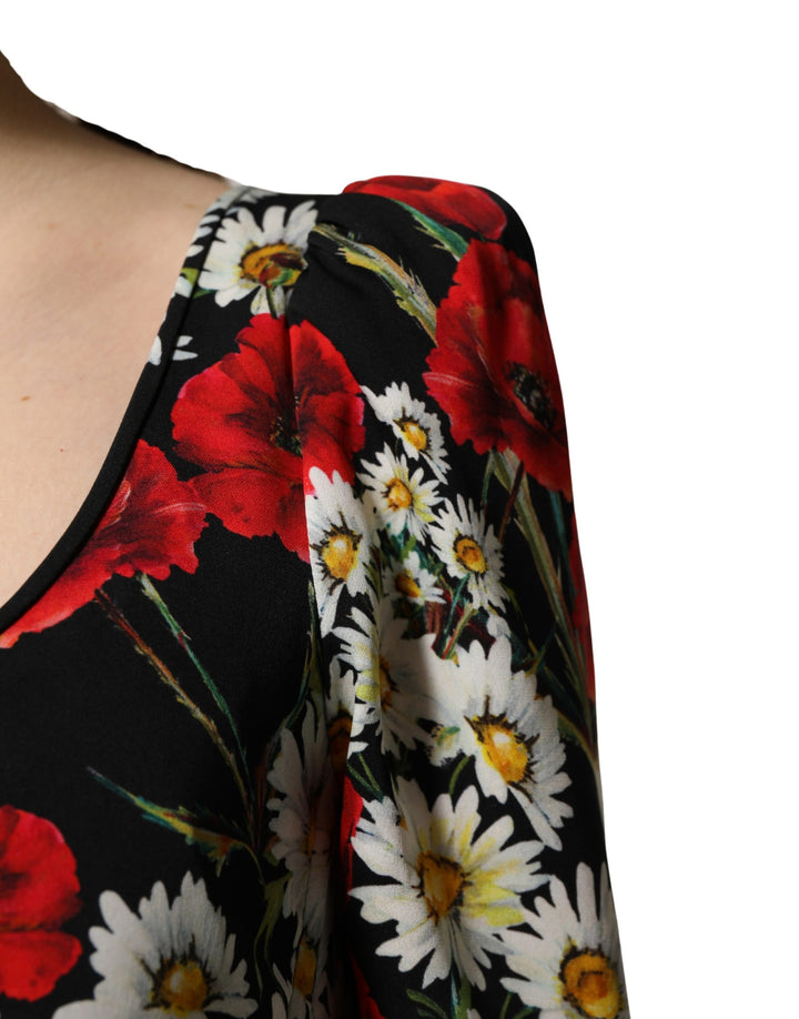 Dolce &amp; Gabbana Black Floral Silk Long Sleeves Gown Dress