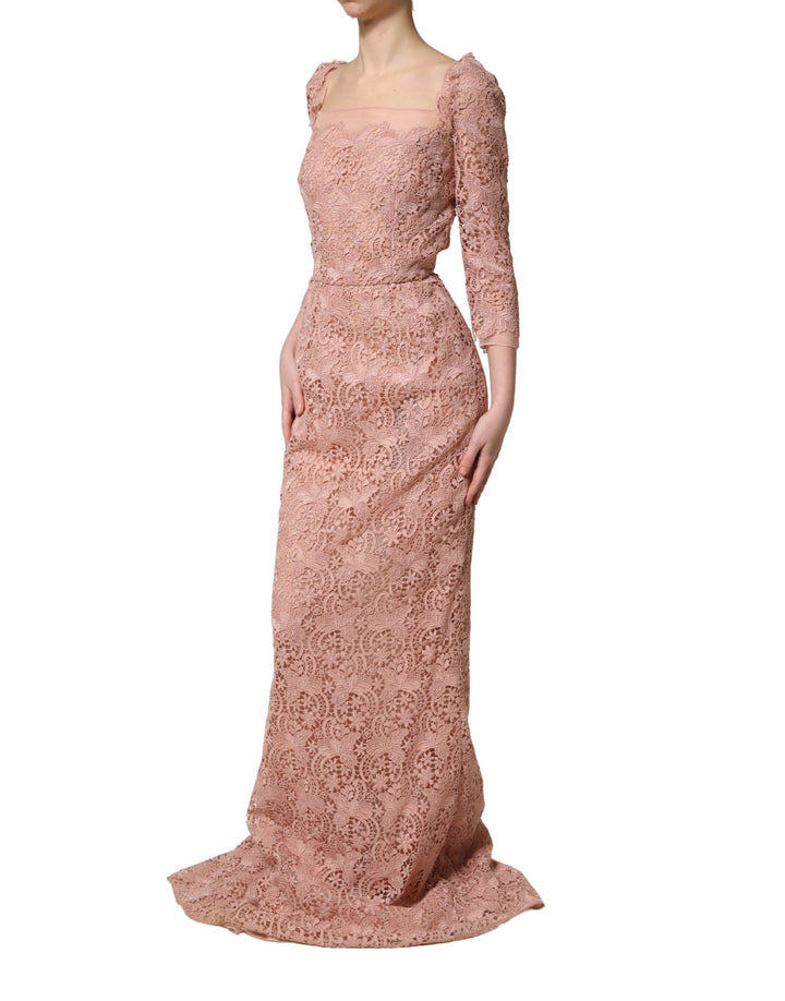 Dolce &amp; Gabbana Pink Lace Long-Sleeved Evening Gown Dress