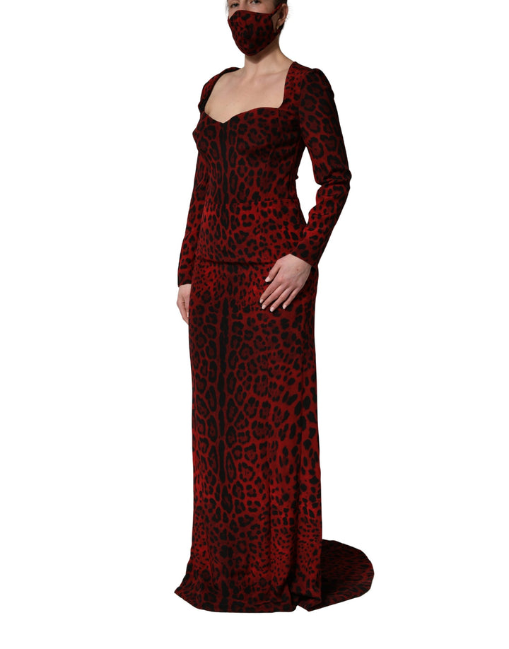 Dolce &amp; Gabbana Red Leopard Print Sheath Long Sleeve Dress