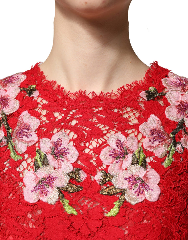 Dolce &amp; Gabbana Red Lace Floral Embroidery Long Sleeves Top