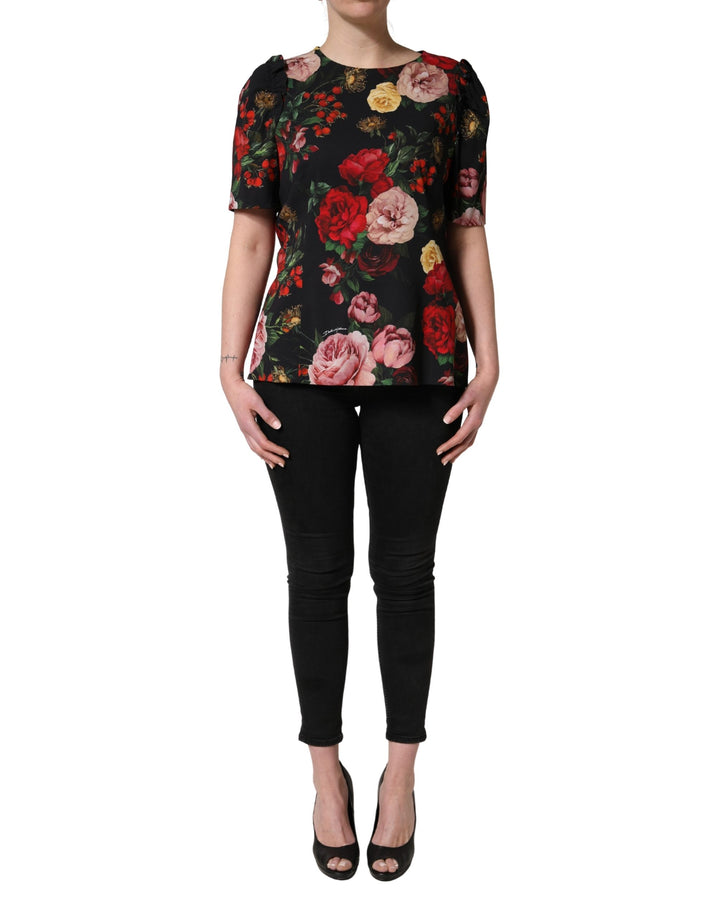 Dolce &amp; Gabbana Black Floral Crepe Frill Detail Blouse Top
