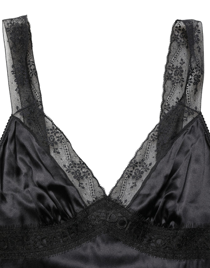 Dolce &amp; Gabbana Black Silk Lace Trim Camisole V-neckline Tank Top