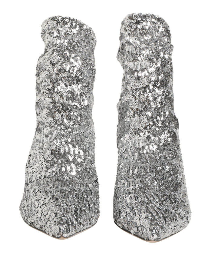 Dolce &amp; Gabbana Silver Sequined Short Boots Stretch Shoes