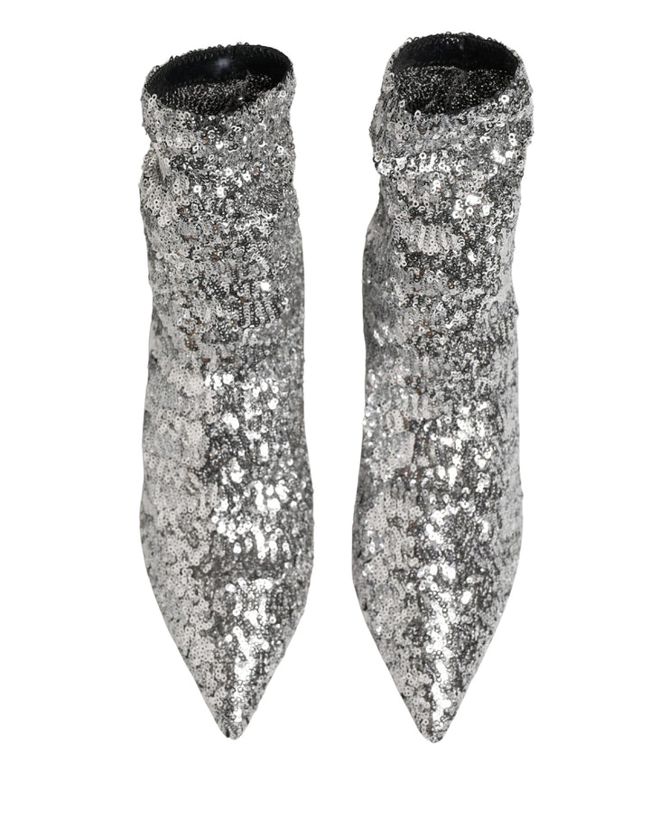 Dolce &amp; Gabbana Silver Sequined Short Boots Stretch Shoes