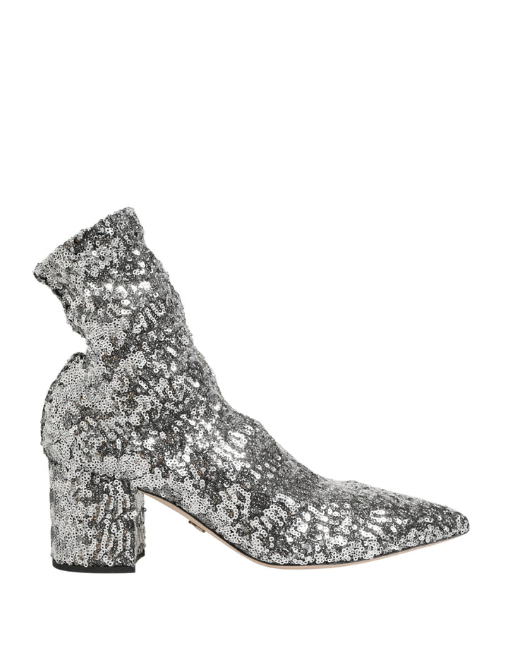Dolce &amp; Gabbana Silver Sequined Short Boots Stretch Shoes