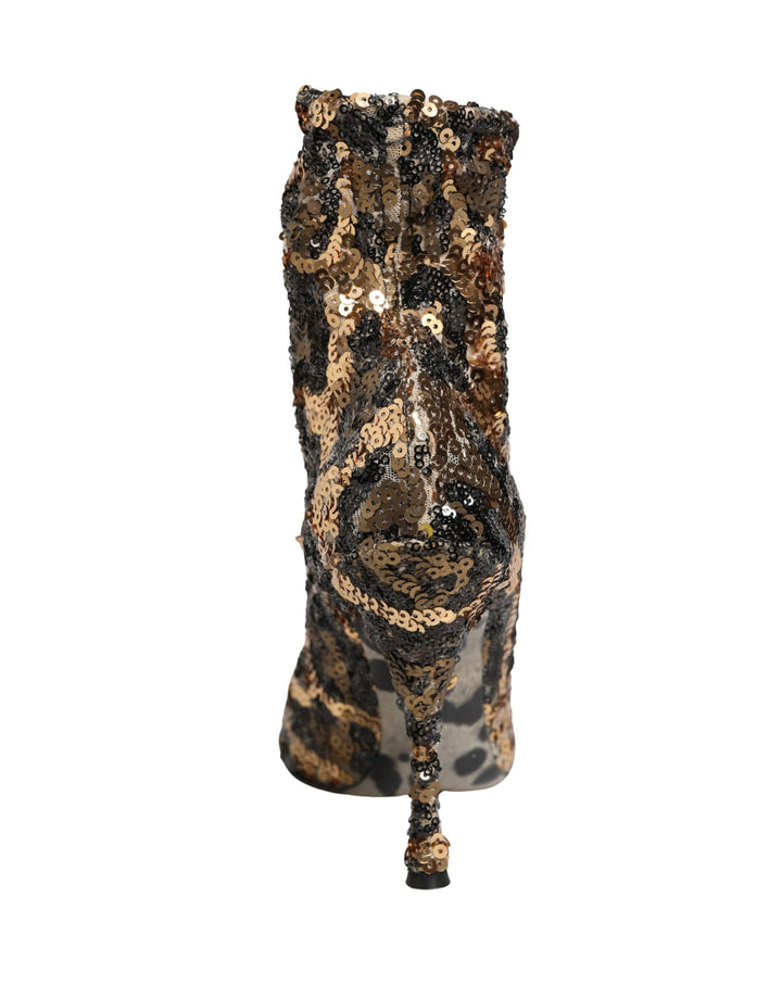 Dolce &amp; Gabbana Gold Leopard Sequin Sock Ankle Boots Shoes