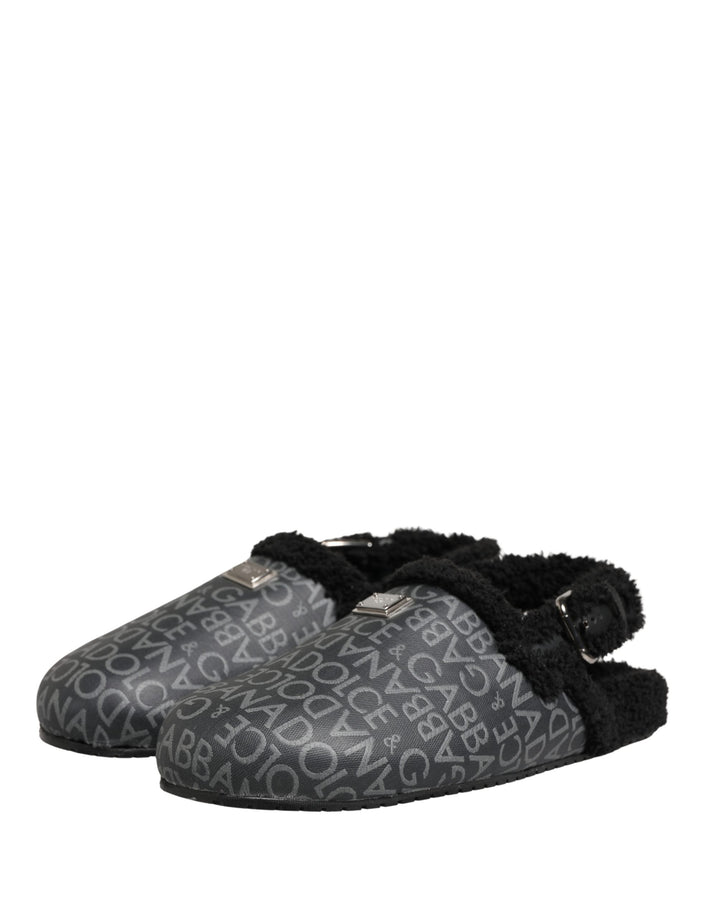 Dolce &amp; Gabbana Gray Faux Fur Jacquard Mules Sandals Shoes
