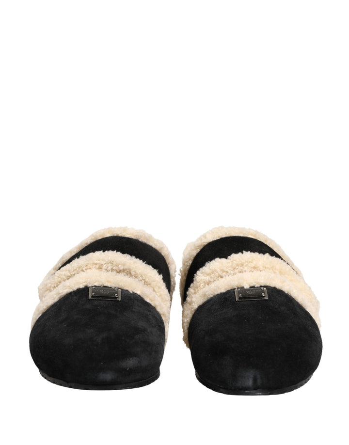 Dolce &amp; Gabbana Beige Black Faux Fur Flats Men Sandals Shoes
