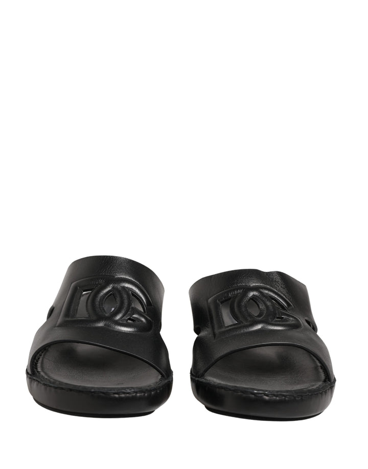 Dolce &amp; Gabbana Black Leather Cutout DG Logo Sandals Shoes