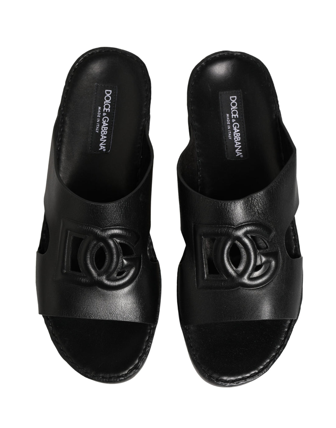 Dolce &amp; Gabbana Black Leather Cutout DG Logo Sandals Shoes