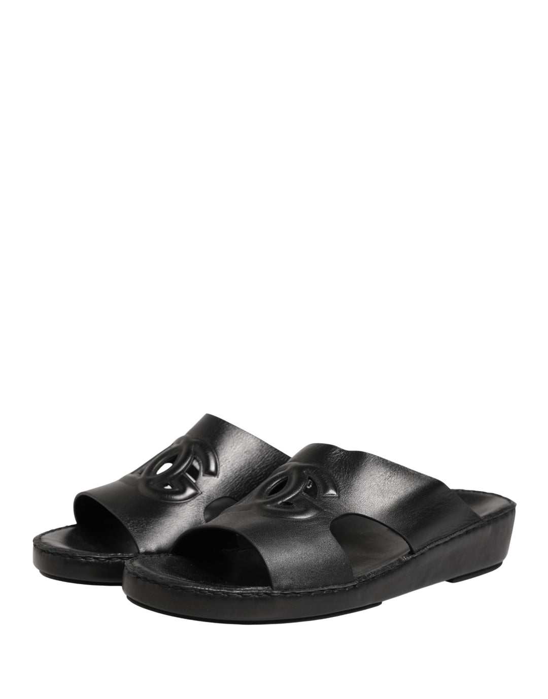 Dolce &amp; Gabbana Black Leather Cutout DG Logo Sandals Shoes
