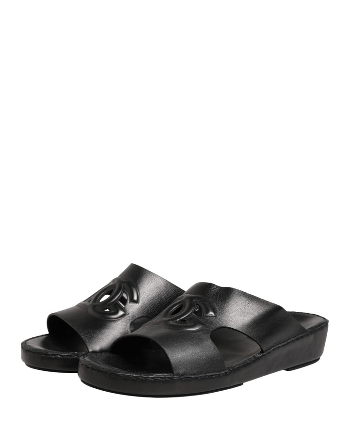 Dolce &amp; Gabbana Black Leather Cutout DG Logo Sandals Shoes