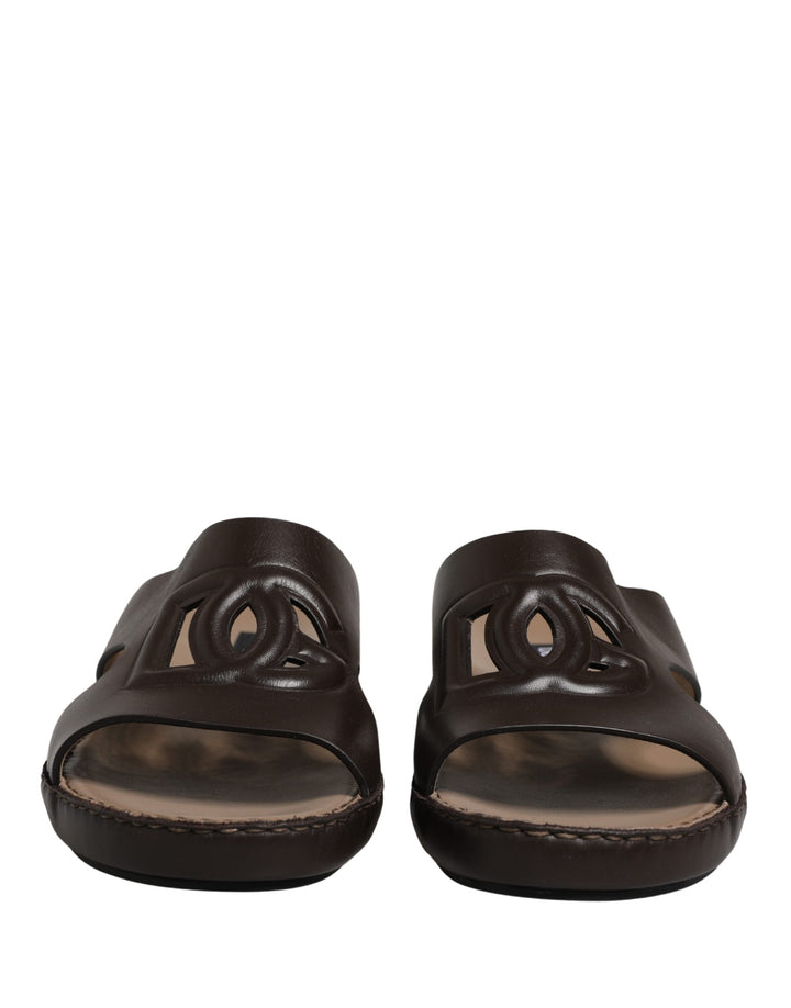 Dolce &amp; Gabbana Brown Leather Cutout DG Logo Sandals Shoes