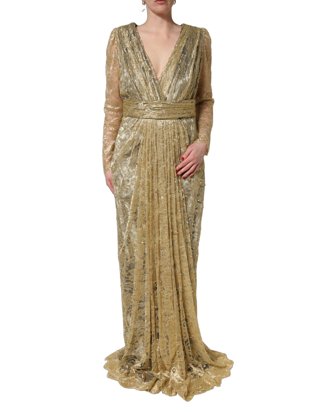 Dolce &amp; Gabbana Gold Sheer Lace Crystal Embellished Dress