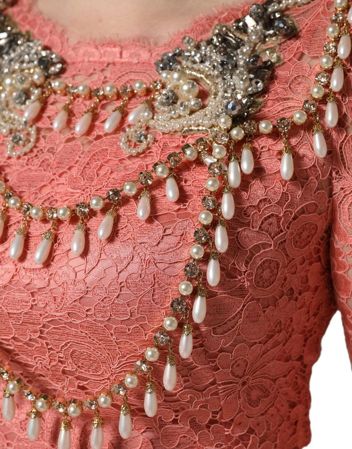 Dolce &amp; Gabbana Pink Embellished Mermaid Lace Gown Dress