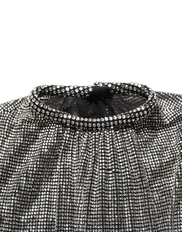 Dolce &amp; Gabbana Silver Rhinestones Long Sleeves Bodysuit Mini Dress
