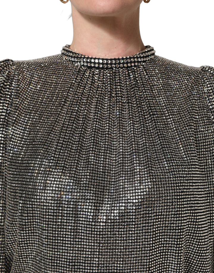 Dolce &amp; Gabbana Silver Rhinestones Long Sleeves Bodysuit Mini Dress