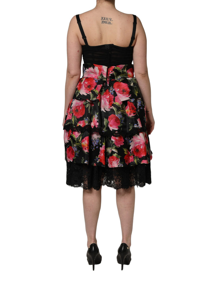 Dolce &amp; Gabbana Black Sleeveless Bustier Floral Print Tiered Dress