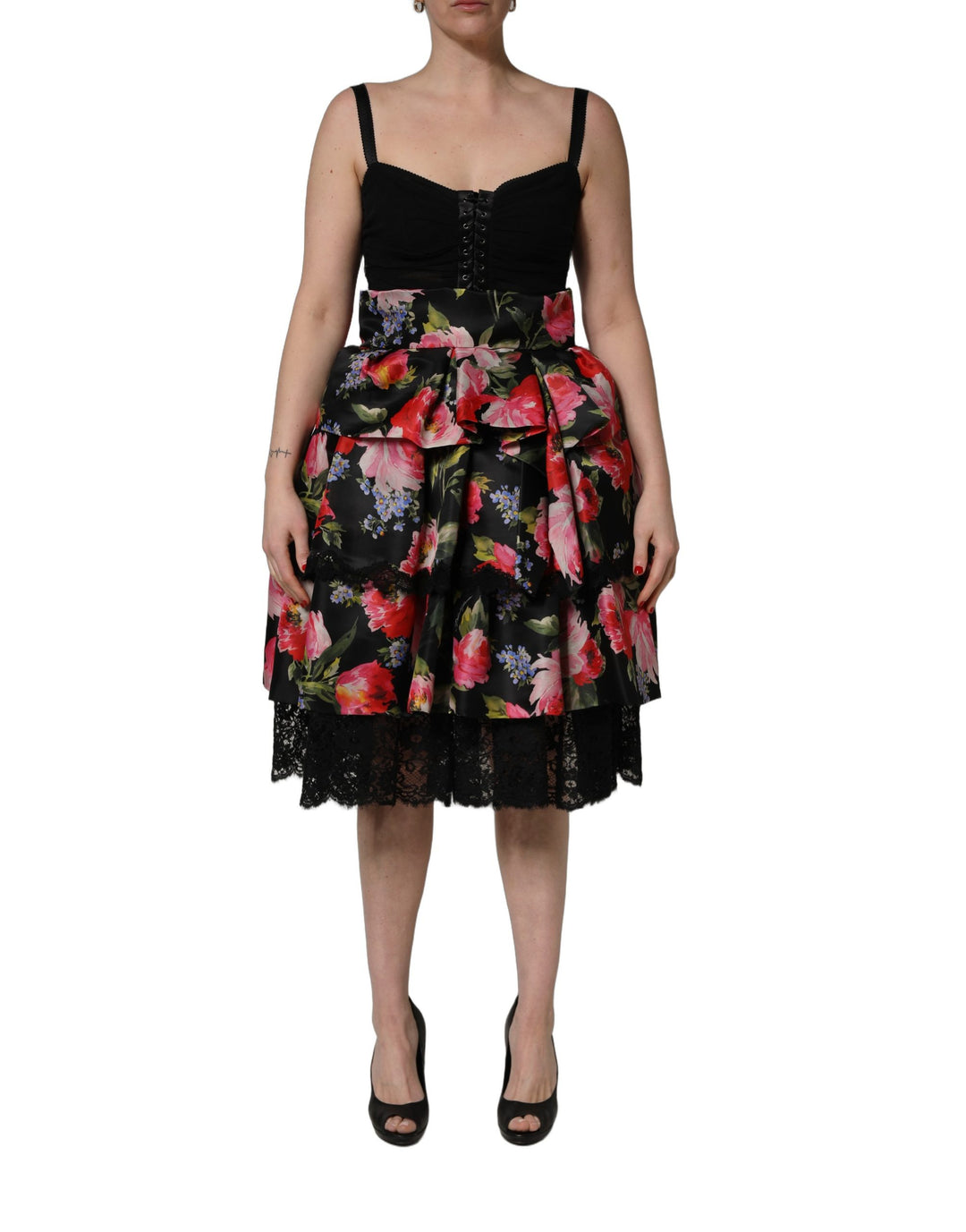 Dolce &amp; Gabbana Black Sleeveless Bustier Floral Print Tiered Dress