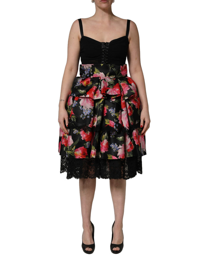 Dolce &amp; Gabbana Black Sleeveless Bustier Floral Print Tiered Dress