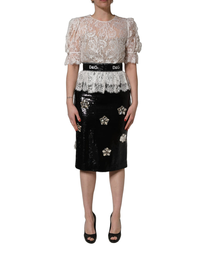 Dolce &amp; Gabbana White Lace Top Embellished Black Skirt Dress