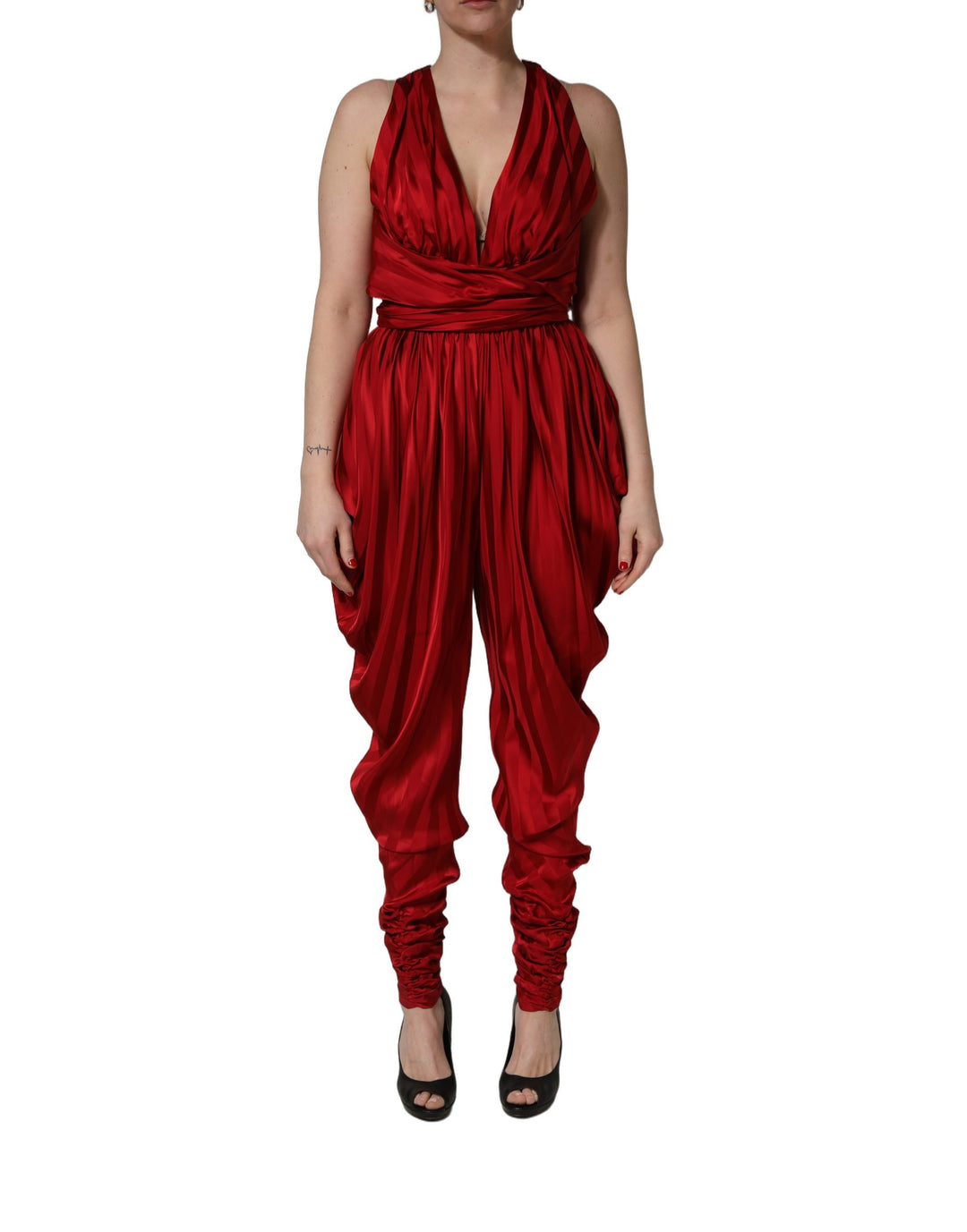 Dolce &amp; Gabbana Red Plunging HalterNeck Draped Jumpsuit Dress