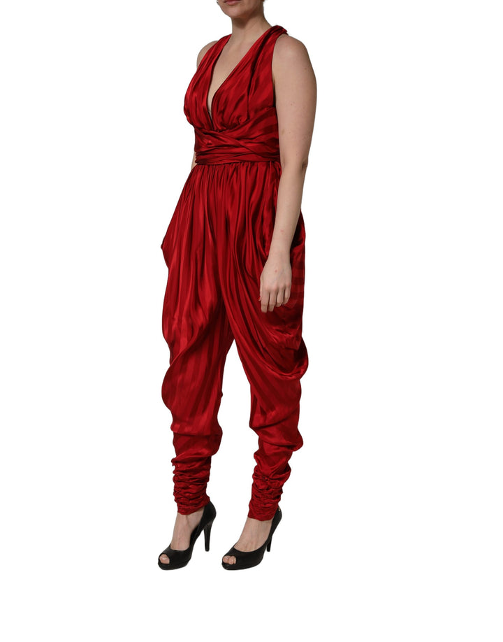 Dolce &amp; Gabbana Red Plunging HalterNeck Draped Jumpsuit Dress
