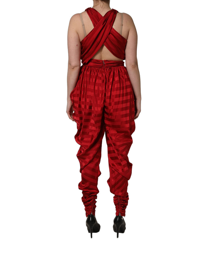 Dolce &amp; Gabbana Red Plunging HalterNeck Draped Jumpsuit Dress