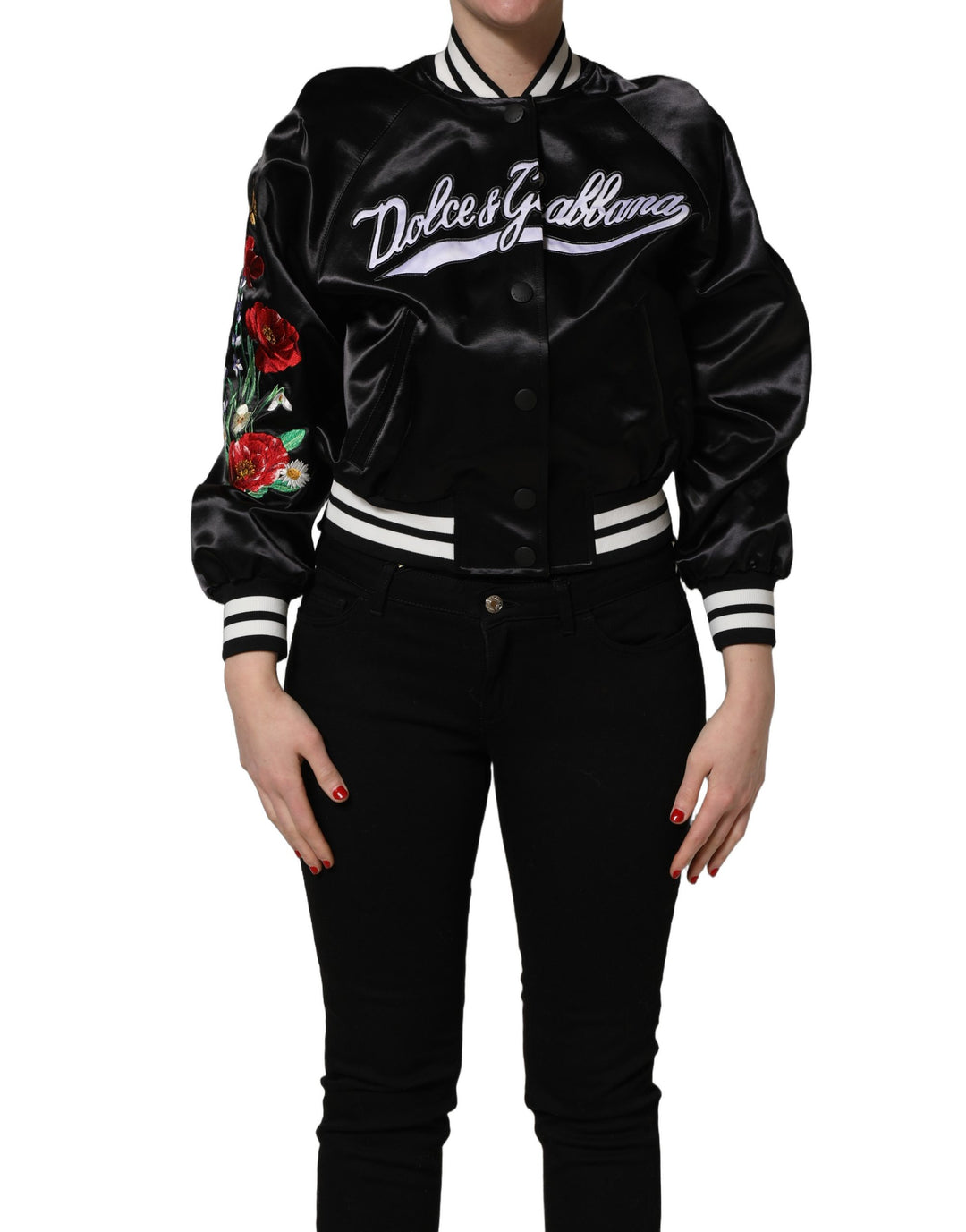 Dolce &amp; Gabbana Black Satin Floral Embroidery Bomber Jacket