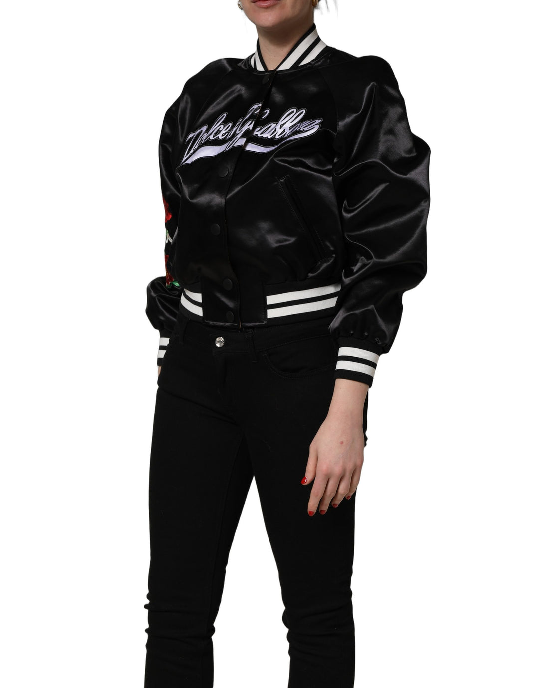 Dolce &amp; Gabbana Black Satin Floral Embroidery Bomber Jacket