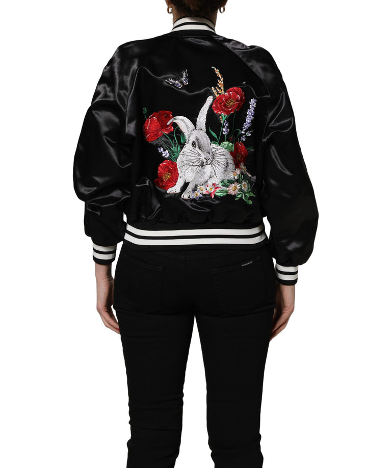 Dolce &amp; Gabbana Black Satin Floral Embroidery Bomber Jacket