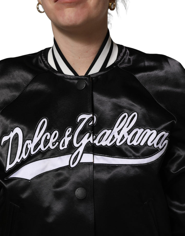 Dolce &amp; Gabbana Black Satin Floral Embroidery Bomber Jacket