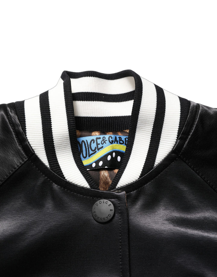 Dolce &amp; Gabbana Black Satin Floral Embroidery Bomber Jacket