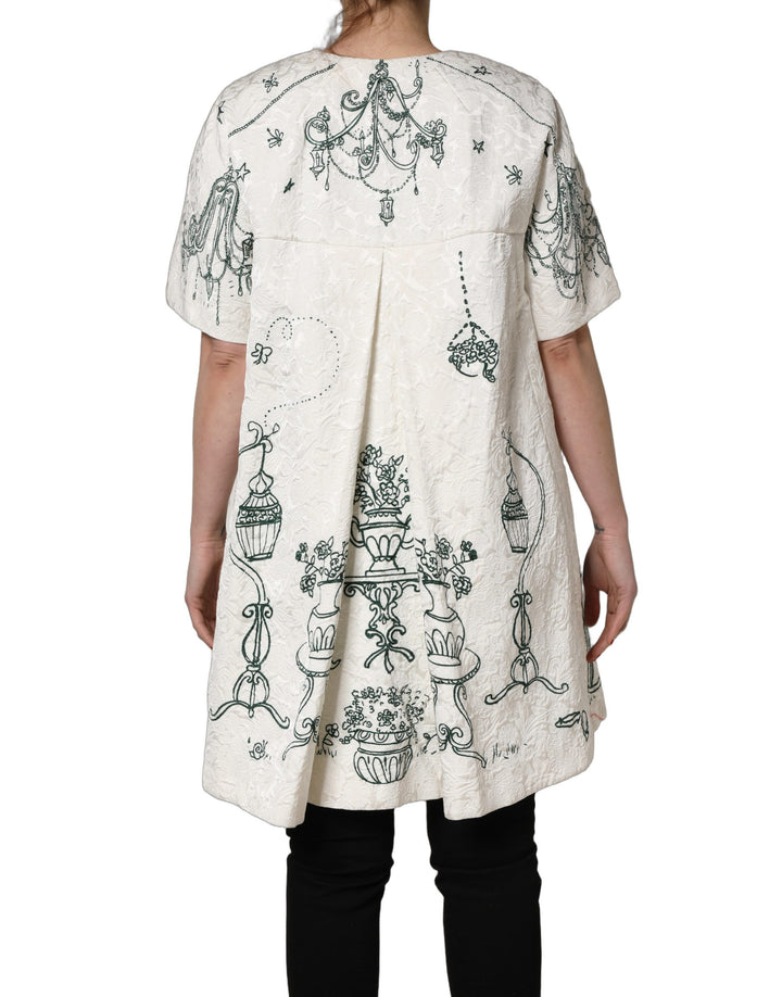 Dolce &amp; Gabbana White Jacquard Garden Print Coat Jacket