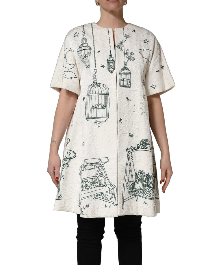 Dolce &amp; Gabbana White Jacquard Garden Print Coat Jacket