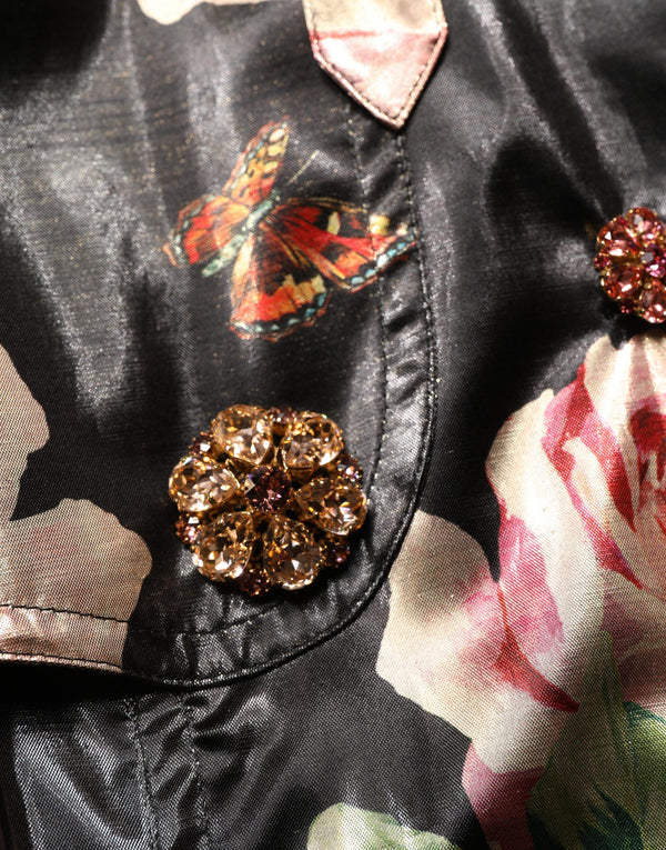 Dolce & Gabbana Trench Coats - Black Floral Belted Polyester Coat Jacket