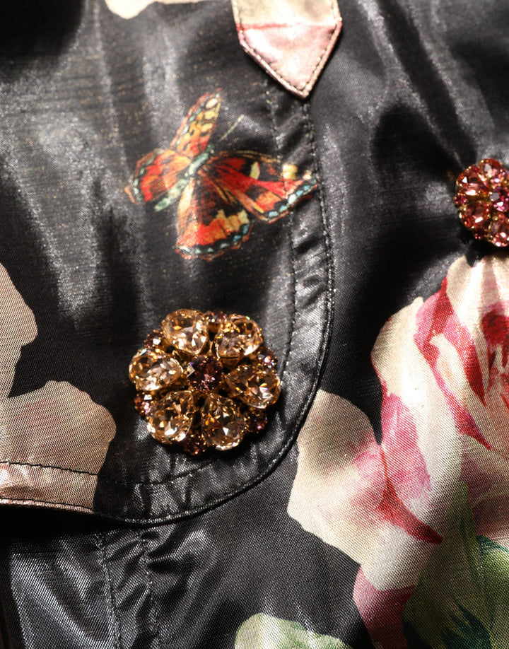 Dolce &amp; Gabbana Black Floral Belted Polyester Trench Coat Jacket