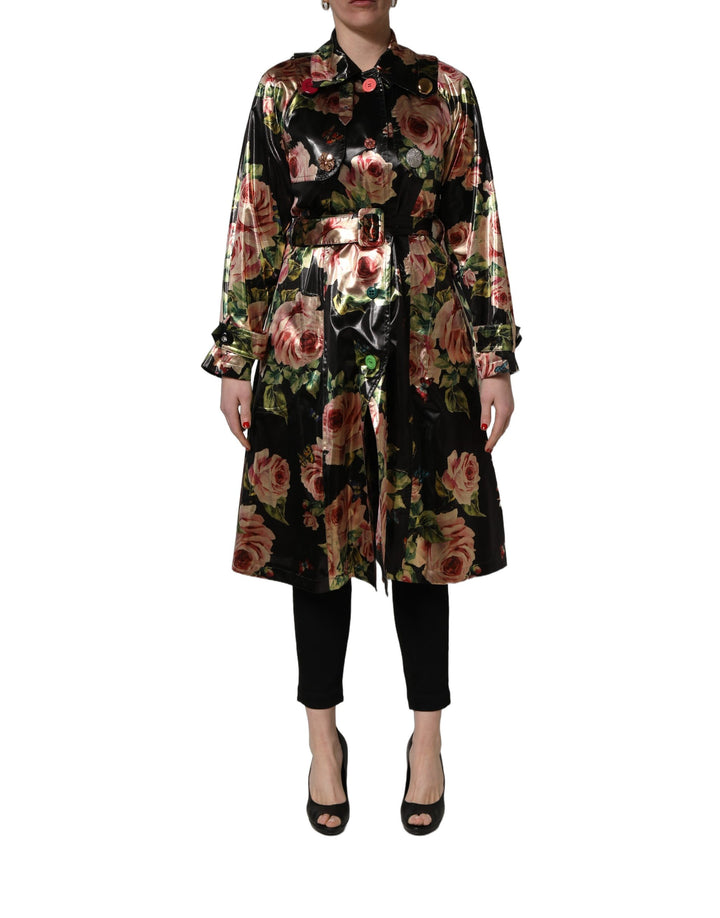 Dolce &amp; Gabbana Black Floral Belted Polyester Trench Coat Jacket