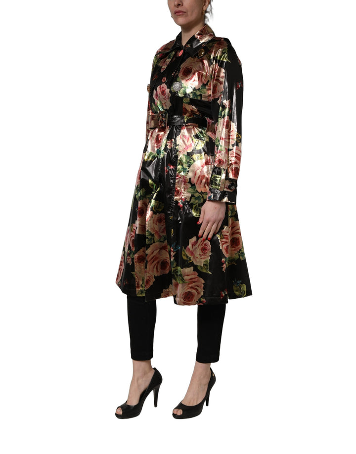 Dolce &amp; Gabbana Black Floral Belted Polyester Trench Coat Jacket