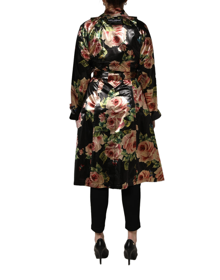 Dolce &amp; Gabbana Black Floral Belted Polyester Trench Coat Jacket